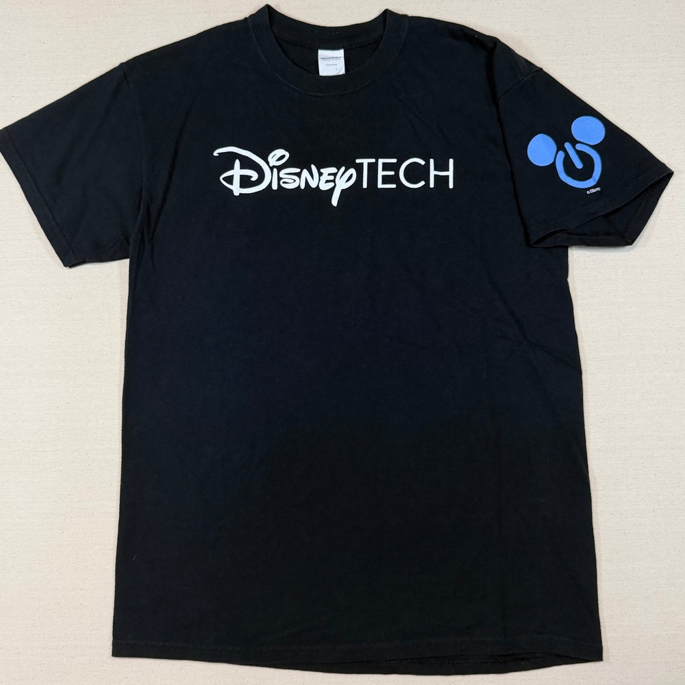 Disney TECH T-Shirt Mens Medium Black Short Sleeve Mickey Power Button Logo Tee